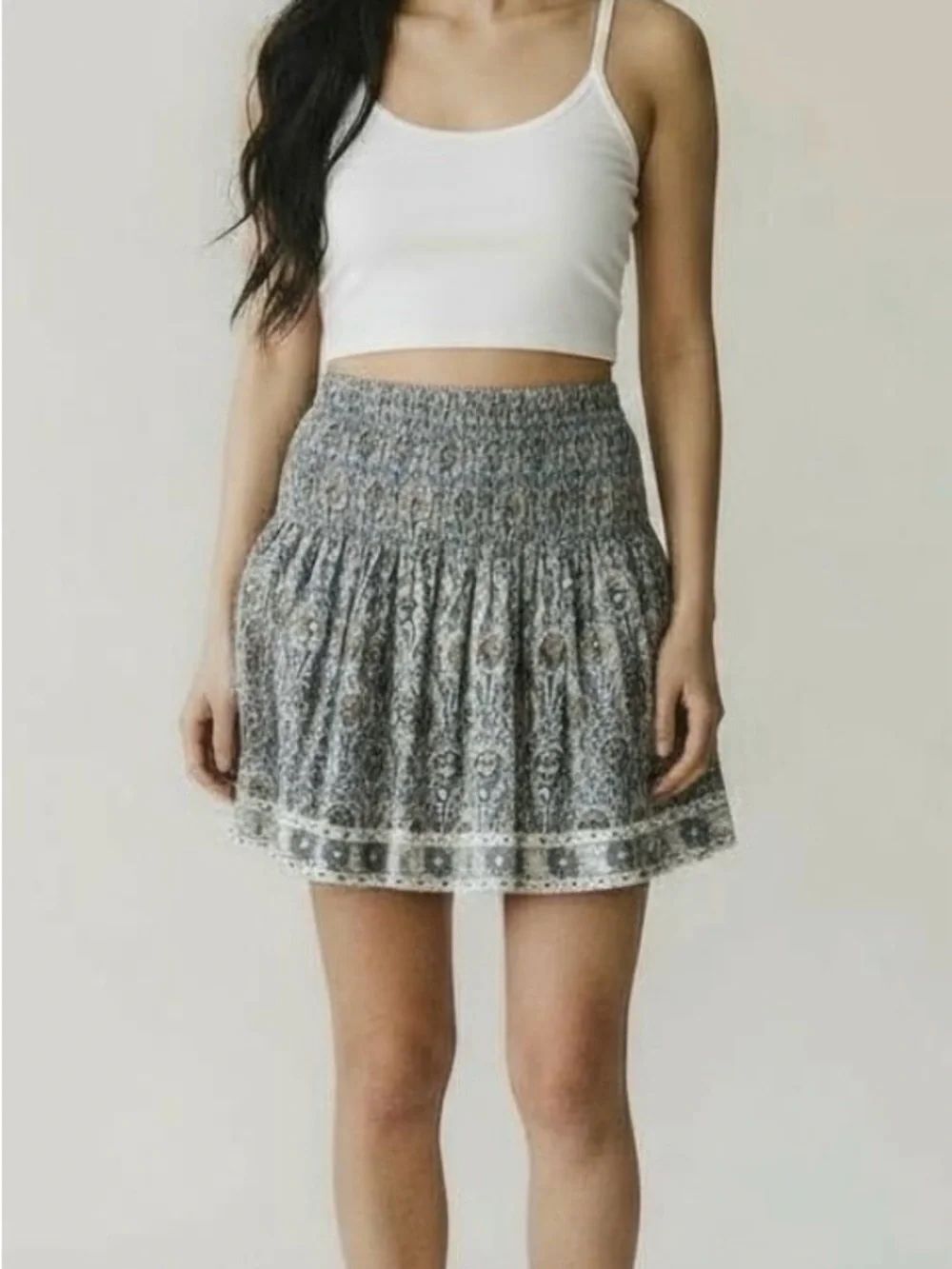 Modern Soul Blue Gray Floral Smocked Mini Skirt